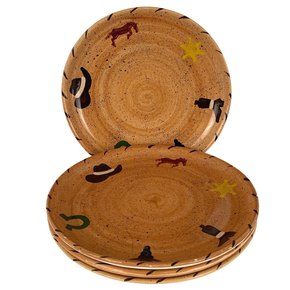 GAETANO Pottery USA Western Cowboy 11" Dinner Plates Set of 4 Tan Speckled